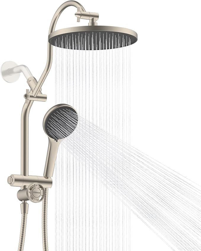 Hibbent cUPC Certified Self-cleaning Shower Head Combo, High Pressure 10'' Rain Showerhead with 3-Spray Handheld, All Metal Arm with Easy Reach 4-way Diverter, 71" Hose & Holder, Brushed Nickel