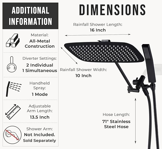 G-Promise All Metal 16 Inch Dual Square Shower Head with Handheld Spray Combo, Rain Shower Head, Adjustable Extension Arm, 3-Way Diverter, 71 Inch Extra Long Hose - A Bathroom Upgrade (Matte Black)