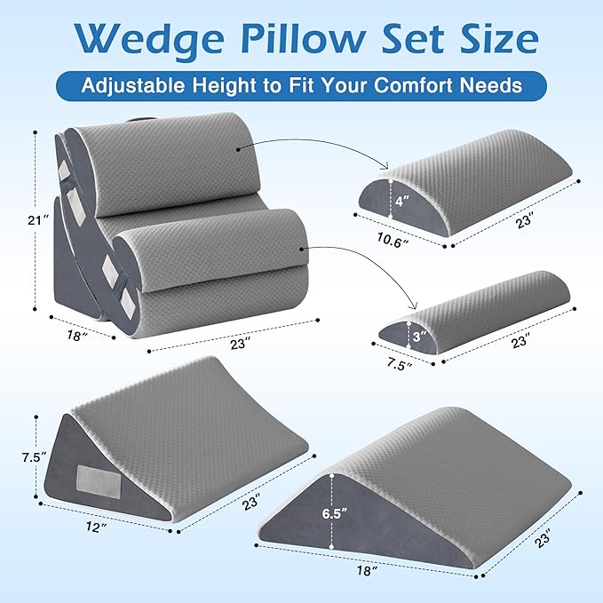 Ahpmeoa 6PCS Orthopedic Bed Wedge Pillow Set for Sitting up in Bed, Memory Foam Post Surgery Pillow for Back Pain Relief, Back Support Pillow for Acid Reflux Relief, GERD, Anti Snoring (Grey)