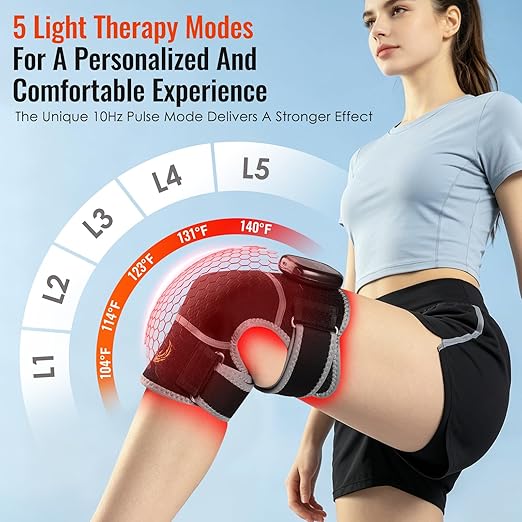 Seenew Red Light Therapy Knee Brace with Vibration Massage, Heated Knee Massager with Rechargeable Controller, 660nm & 850nm Red Light Therapy Heated Device for Knee, Elbow, Shoulder (Black-Grey)