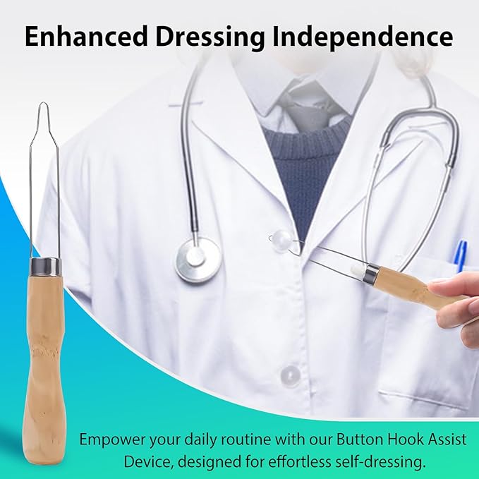 3-Pack Button Hook Assist Device with Easy-Grip Wooden Handle for Shirts, Coats, Dresses - Ideal Button Aids for Arthritis & Limited Dexterity