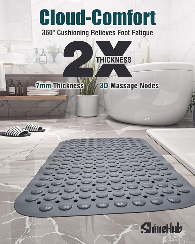 7mm Extra Thick TPE Bath Mat, Non-Slip Shower Mat for Bathroom and Tub, 28x16 Inch with Drainage Holes and Stability Grip, Machine Washable, Mist Pine Gray