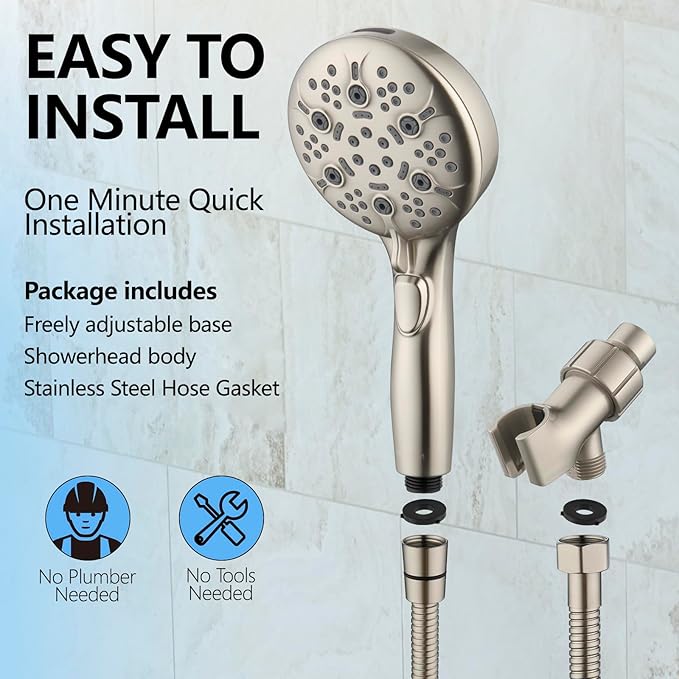 Shower Head with Handheld, 9-Setting High Pressure Shower head with handhelds, Built-in Handheld Power Spray, 79in Extra Long Stainless Steel Hose & Shower Head Holder (Brushed Nickel)