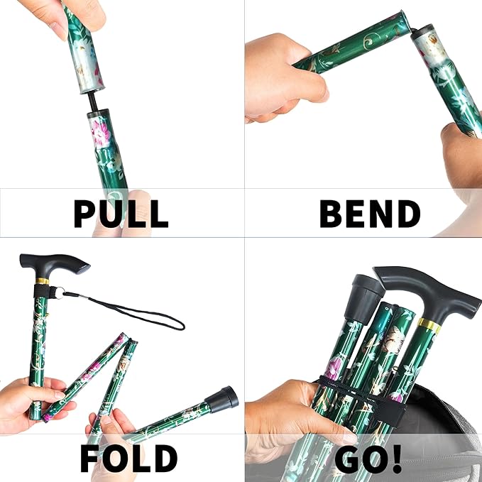 Folding Cane, 5-Level Adjustable Height Lightweight Portable Foldable Walking Canes with Wrist Strap and T Handle for Men Women Seniors
