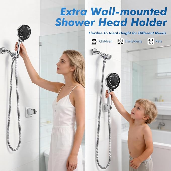 Handheld Shower Head with Hose, 10-Mode High Pressure Rainfall Showerhead with Filter & Extra Long 79” Hose, Adjustable Height Hand Held Shower Sprayer with Adhesive Shower Head Holder