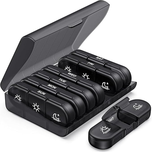 PULIV Weekly Pill Organizer 3 Times a Day, Portable Travel Pill Box 7 Day with Large Pill Containers, Light-Proof Pill Case for Vitamins, Medication, Supplements and Fish Oils (Black)