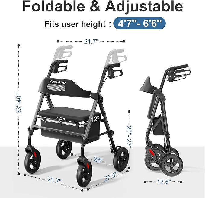 HOMLAND Foldable Rollator Walkers with Seat for Seniors, 8'' Big Wheels, 350 lb. Weight Capacity, Adjustable Handles and Seat Height, Lightweight Rolling Walker, Black