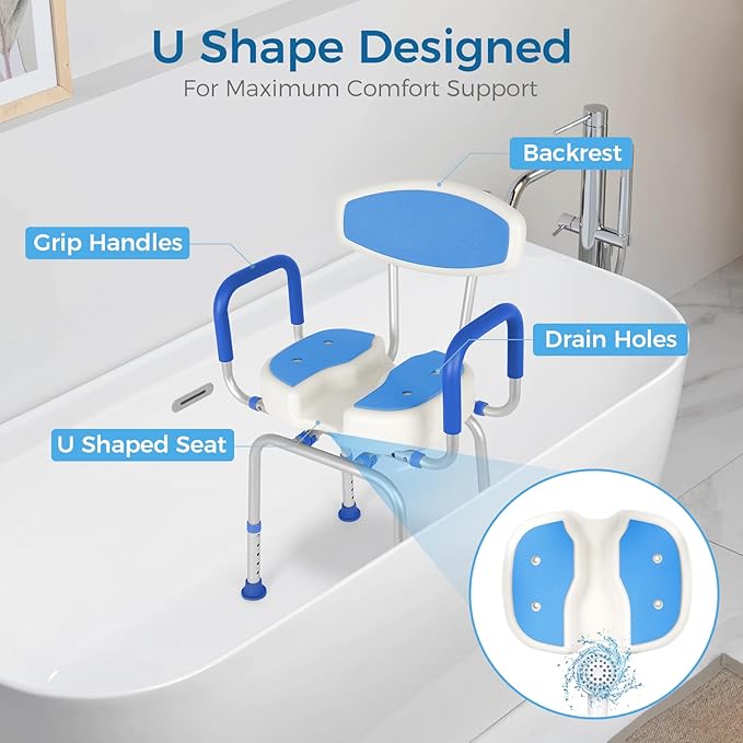 FAHKNS Swivel Senior Bathing Chair with Arms & Back, 400 LBS Heavy Duty U-Shape Seat, Height Adjustable Safety Bath Seat for Tub, Elderly & Disabled