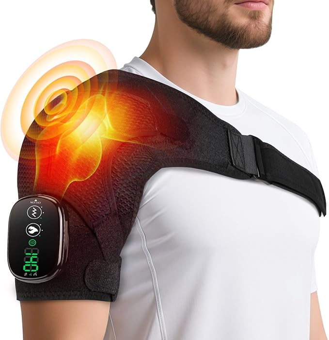 Cordless Shoulder Heating Pad with Vibration for Rotator Cuff Pain Relief, FSA Eligible HSA Heated Shoulder Massager, Rotator Cuff Support Brace with 3 Heating Levels &3 Vibration (Black)