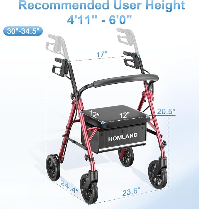 16 Pounds Lightweight Walkers for Seniors with Seat, Narrow Rolling Walker with 4 Puncture-Resistant Wheels, 5-Level Height Adjustable, 300 lbs Weight Capacity (Red)