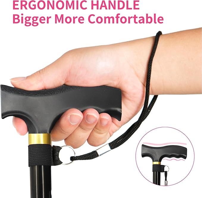 Folding Cane, 5-Level Adjustable Height Lightweight Portable Foldable Walking Canes with Wrist Strap and T Handle for Men Women Seniors