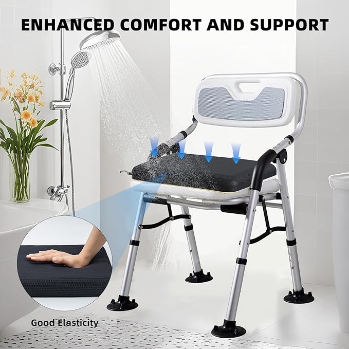 Shower Seat Cushion with Non-Slip Silicone Bottom, Bathtub Cushion for Transfer Benches,Washable 3D Mesh Bathtub Seat Cushion Mat with Hook,Quick Drying Bathtub Chair Pad for Elderly (Black)