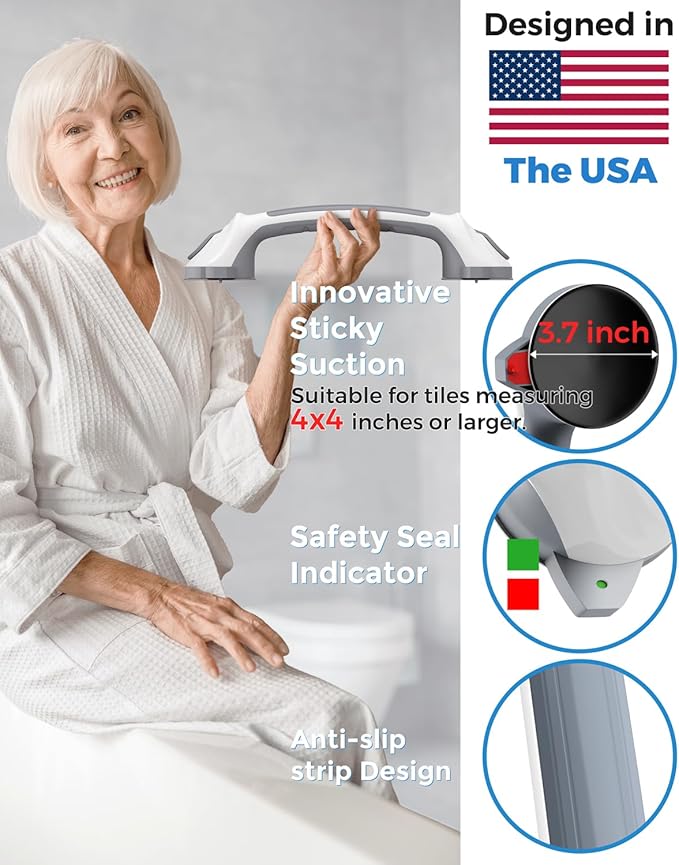 2 Pack 16.5" Suction Grab Bars for Showers with Safety Indicator, No-Drill 4mm Thickened Handicap Shower Handle for Seniors, Non-Slip Bathroom Balance Rail for Smooth Tiles & Tubs