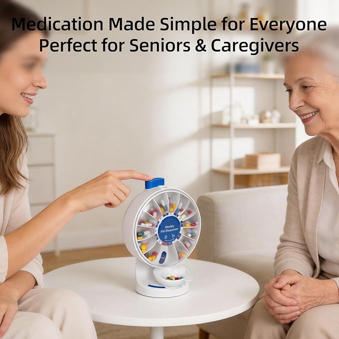 14-Day Push Button Pill Dispenser for Seniors & Caregivers | Standing or Wall-Mount Medication Organizer with Child Lock, 14 Large Compartments for Fish Oil, Vitamins, Medicine, or Supplements, Blue