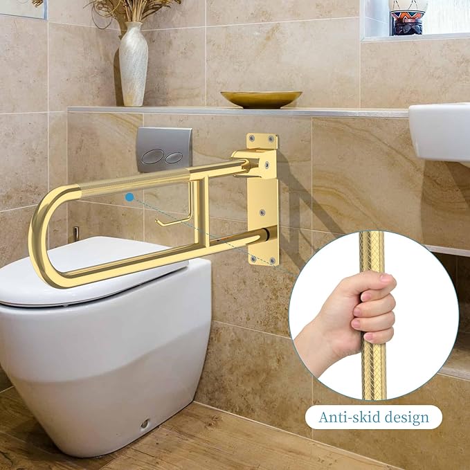 Toilet Grab Bar 30.3 Inch Gold, Munzong Anti-Slip Handicap Grab Bars with Paper Holder, Flip-Up Bathroom Safety Rails, Stainless Steel Knurled Support handrails for Seniors Elderly Disabled Pregnant