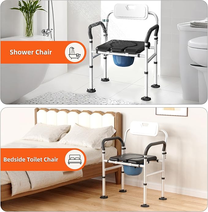 Heavy Duty Bedside Commode Chair with Adjustable Height and Width, Raised Toilet Seat with Arms Handles and Back Support for Elderly, Portable Bedside Toilet with Bucket (Width 20.4-22.44")