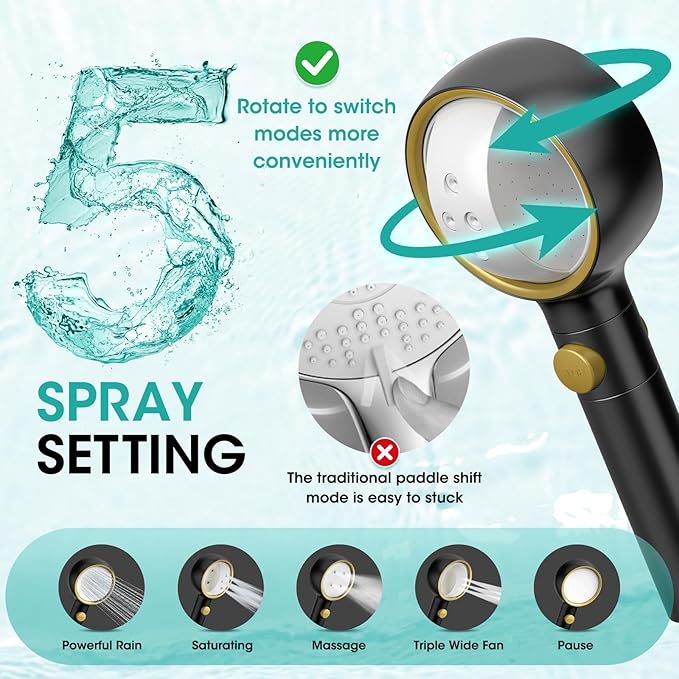 Latest High Pressure Filtered Shower Head With Handheld With 360° Rotating Panel,5 Spray Modes,Anti-Clog Nozzles,Hard Water Filter,59" Stainless Steel Hose&Adjustable Zinc Alloy Bracket,For Families