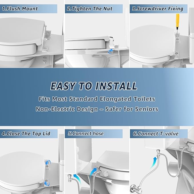 Raised Elongated Bidet Toilet Seat 18.5", Soft Close Lid, Dual Self-Cleaning Nozzles, Quick Release, Heavy-Duty PP, Stable & No Loosening, Ideal for Seniors & Limited Mobility, White