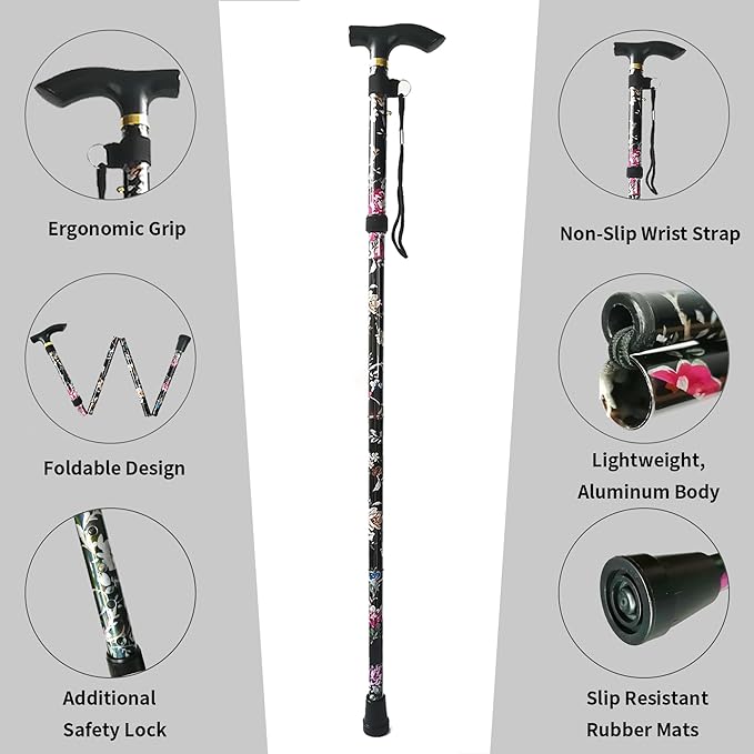 Folding Cane, 5-Level Adjustable Height Lightweight Portable Foldable Walking Canes with Wrist Strap and T Handle for Men Women Seniors