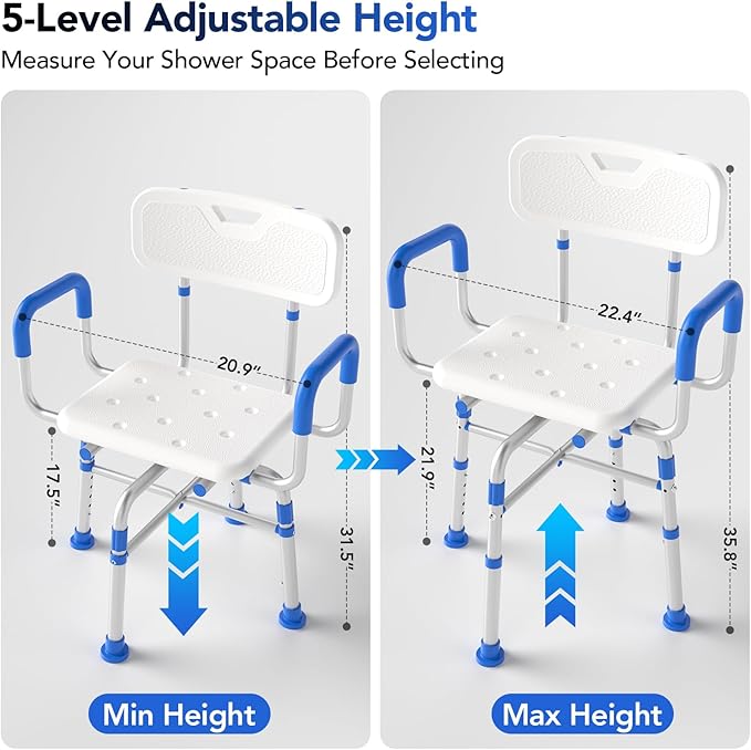 Swivel Shower Chair with Arms and Back, 500 lbs Heavy Duty Adjustable Shower Seat for Inside Shower & Bathtub, 360° Rotating Bath Chair for Elderly, Disabled, Handicap, Bariatric, Pregnant