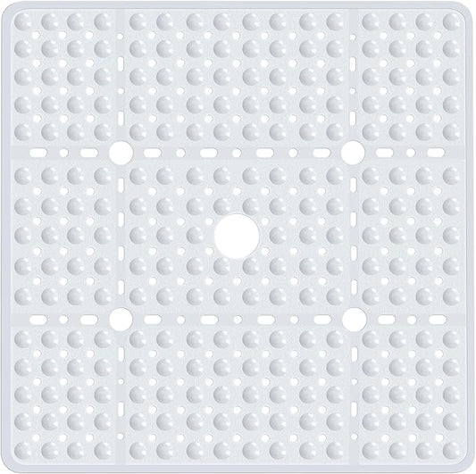 Large Square Shower Mat 27 x 27 Inch White, Non Slip Shower Bathtub Mats for Inside Shower With Big Suction Cups Drain Holes, Anti Slip Bathroom Floor Shower Stall Mats, Easy Clean, BPA-Free