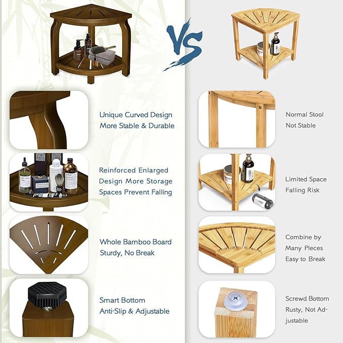 KingPavonini Bamboo Corner Shower Stool for Shaving Legs Foot Rest, Waterproof Bath Bench Seat with Storage Shelf for Bathroom Inside Shower, Hold Up to 450Lbs