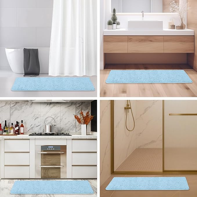 Bathroom Runner Rug 47 x 17 Inch – Long Bath Mat | Absorbent and Washable Thick Chenille Bath Rug Non-Slip Runner Rug for Bathroom, Shower, Sink(Light Blue)