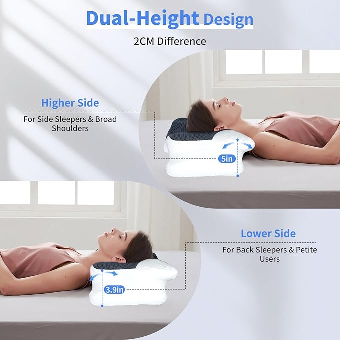 Cervical Neck Pillow for Pain Relief, Hollow Design Memory Foam Bed Pillow for Side & Back Sleepers, Ergonomic Orthopedic Bed Pillow with Adjustable Support (White with Black)