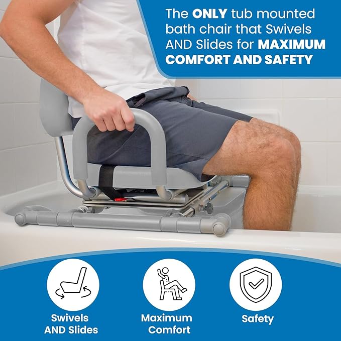 Platinum Health HydroSlide Sliding Shower Chair Swivel Seat for Bathtub, Soft, Padded with Industry-Exclusive, Patented Gap-Bridge Safety Feature. Padded Armrests. Ideal for Elderly and Seniors