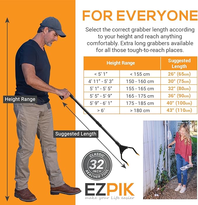 EZPIK Classic 32” Folding Grabber Reacher Tool with Dual Magnets, Heavy Duty Trash Picker Upper Grabber for Seniors & Disabled Users, Aluminum Pickup Tool for Everyday Reaching Aids (Black)