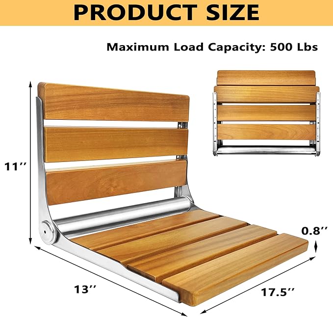 Folding Shower Seat Teak, Bath Safety Furniture Stainless Steel, Shower Seats for Elderly, Fold Down Shower Seat, Oak and Stainless Steel