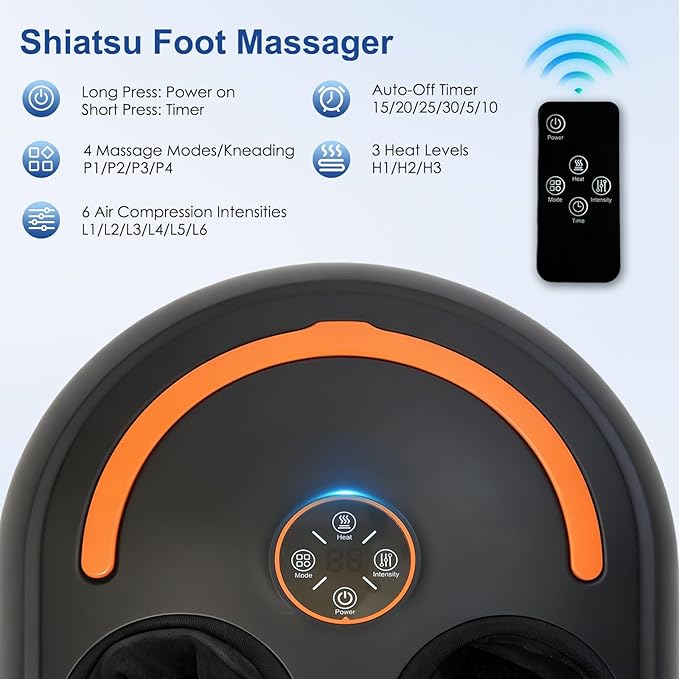 Shiatsu Foot Massager Electric Feet Massage Machine Deep Kneading Relief for Plantar Fasciitis Air Compression, 3 Heat Levels Relax for Home Office Use Gifts for Women Mom Dad Black Mothers Day Gifts