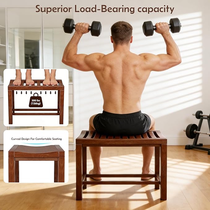 Rubber Wood Shower Bench, Non-Slip Waterproof Wooden Shower Stool for Adults & Elderly, Sturdy Bath Seat for Inside Shower or Tub – 24.02" D x 14.96" H x 6.3" W