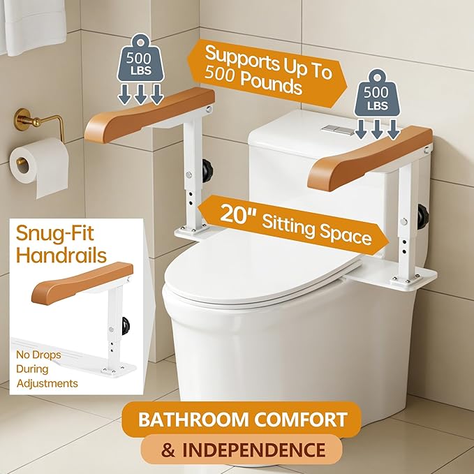 Simple Project 15.7" Toilet Safety Rails for Seniors, Flipped 90°＆Adjust Heigh Toilet Seat Handle, Super Sturdy 500LBS Toilet Safety Frame for Disabled or Mobility Issues, Grab Bars Arms(Brown)