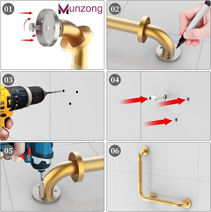 16" Angled Gold Bathroom Grab Bars for Shower with 20" Straight Munzong Toilet Handicap Grab Rail,Anti Slip Stainless Steel Knurled Safety Handle Support Elderly Injury Senior