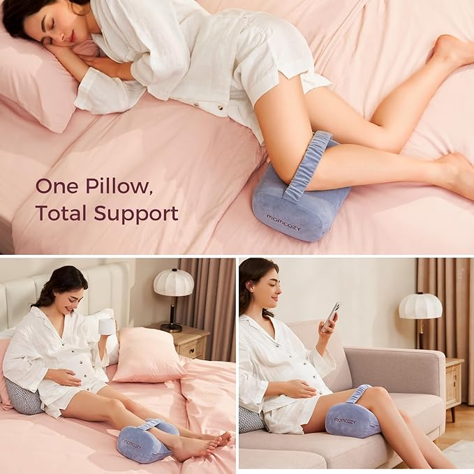 Momcozy Knee Pillow for Side Sleepers, Soft Memory Foam & Pinch-Free Design, Relieve Knee, Leg and Sciatica Pain, Adjustable Elastic Strap Ideal for Pregnant Women and Seniors, Crystal Velvet in Gray