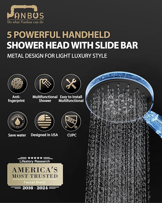 Eco-Performance Matte Black Handheld Shower with Adjustable 32-Inch Slide Bar and 59-Inch Hose, 5-Function Hand Shower offers Personalized Spray Options