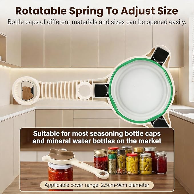 4-in-1 Jar Opener for Seniors -Adjustable Lid Opener with Non-Slip Grip, Stainless Steel Jar Lid Opener for Arthritis Sufferers, Fits Kitchen Jars, Bottles & Cans, Home Kitchen Helper(Brown)