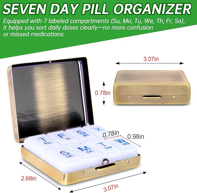 Portable Metal Travel Pill Organizer (7 Days a Week), Large Capacity 8 Compartments, BPA-Free (M-Antique Bronze, Medium)