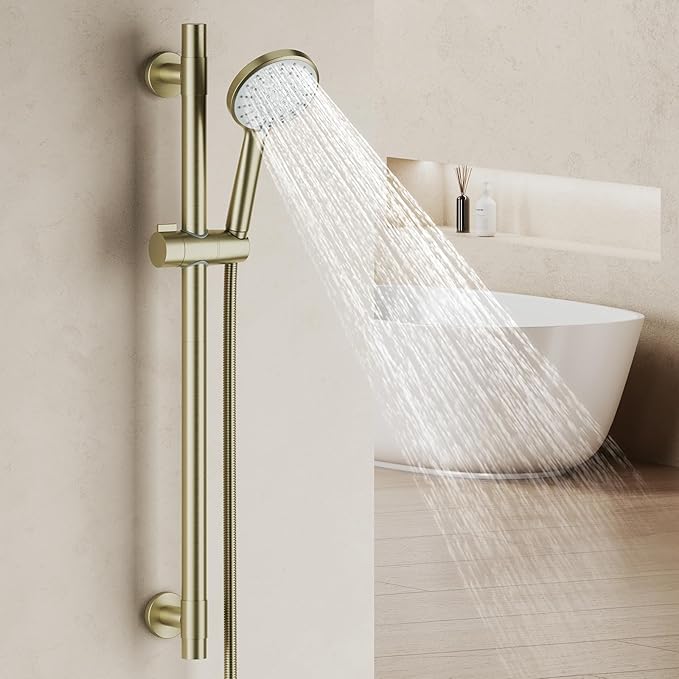 Shower Slide Bar Handheld Shower Head with Hose, 5-Function Hand Shower with Wall Mount，shower slide bar,adjustable height shower head (A-round, Brushed Gold)