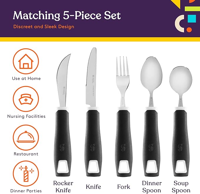 Special Supplies Adaptive Utensils 5-Piece Set Non-Weighted, Non-Slip Handles for Hand Tremors, Arthritis, Parkinson’s or Elderly Use - Stainless Steel Knife, Rocker Knife, Fork, Spoons (Black)