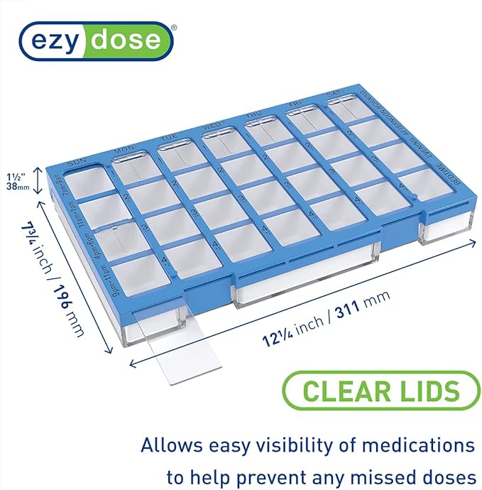 EZY DOSE Weekly AM/PM (7-Day) Daily Pharmadose Pill Planner, Medicine Case, Vitamin and Supplement Organizer, Large Easy Fill Compartments, 4 Times a Day, 28 Compartments, Clear Lids, Blue, BPA Free
