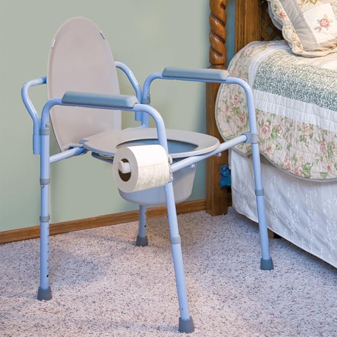 Carex 3-in-1 Folding Bedside Commode and Raised Toilet Seat, Portable Toilet Supports Up to 300lbs, Bedside Commodes for Seniors, Adult Potty Chair with Bucket, Lid, and Splash Guard