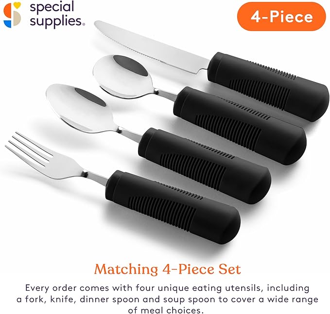 Special Supplies Adaptive Utensils (4-Piece Kitchen Set) Weighted, Non-Slip Handles for Hand Tremors, Arthritis, Parkinson’s Elderly use - Stainless Steel Knife, Fork, Spoons (Black Weighted Bendable)