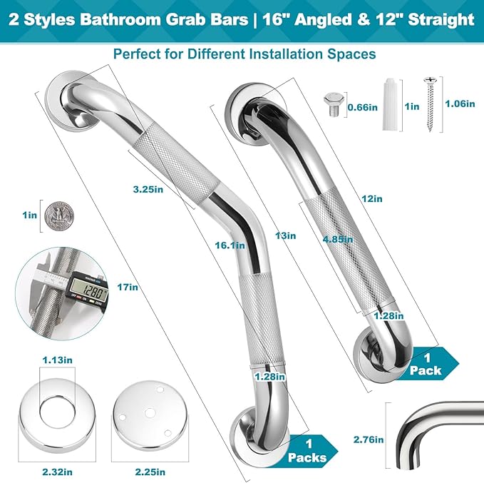 Grab Bars for Bathtubs and Showers, 16-Inch and 12-Inch Anti-Slip Bathroom Shower Grab Bars for Seniors Wall, Safety Angled Handicap Grab Bars Stainless Steel, Shower Handle for Elderly, Wall
