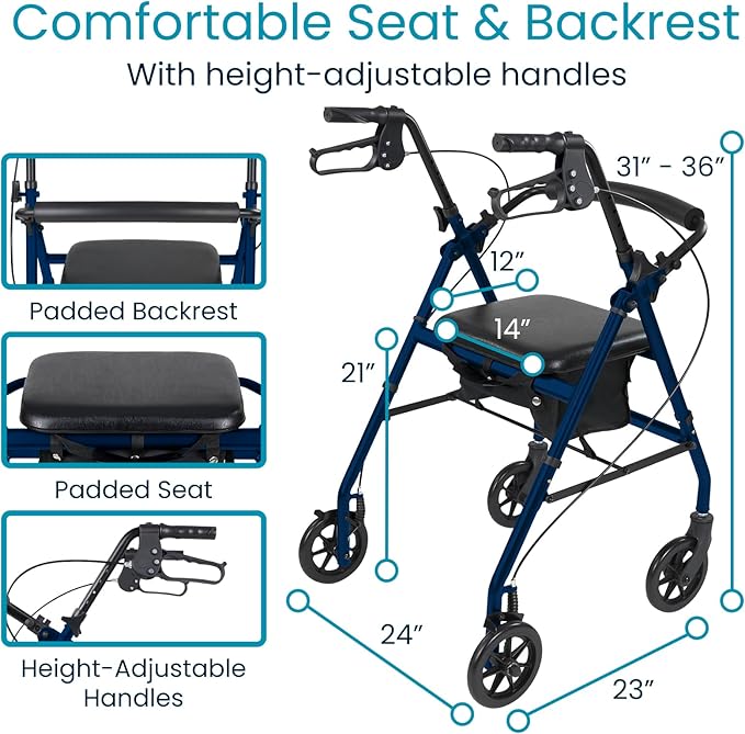 Vive Ultra Lightweight Rollator Walker with Seat - Foldable, Narrow, Rolling Senior Walker for Small Spaces - 4 Wheel Aluminum Adult Easy Drive Aid with Underseat Accessory