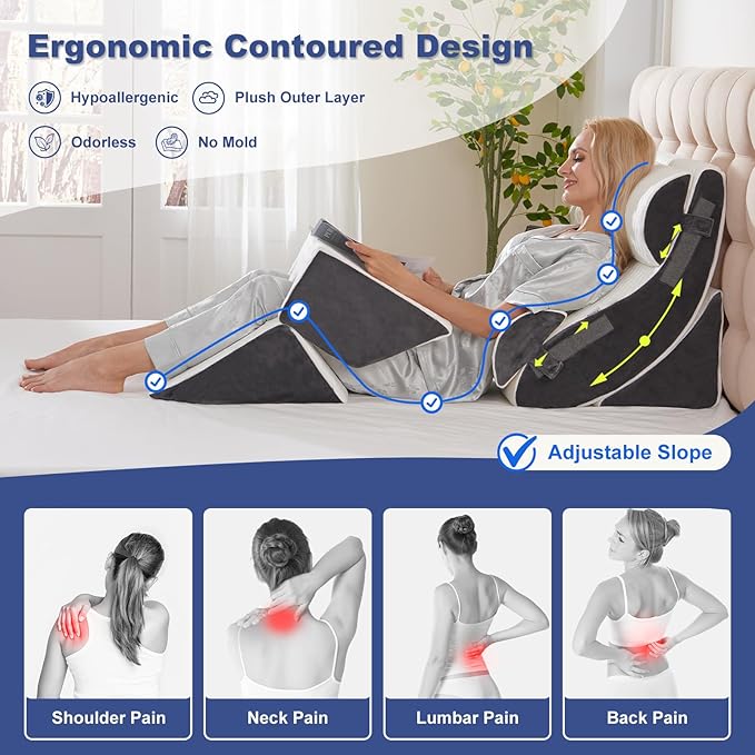 WSOFRLAC 6PCS Multi-Functional Bed Wedge Pillow Kit - 7-in-1 Orthopedic Support for Back/Neck/Legs, Post Surgery Recovery & Sitting Up in Bed, Post Surgery Foam for Body, White Grey