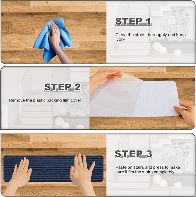 Stair Treads for Wooden Steps - Non Slip Stairs Carpet Tape Peel and Stick with Double Adhesive Tape Set of 15 Stripe- Dark Blue