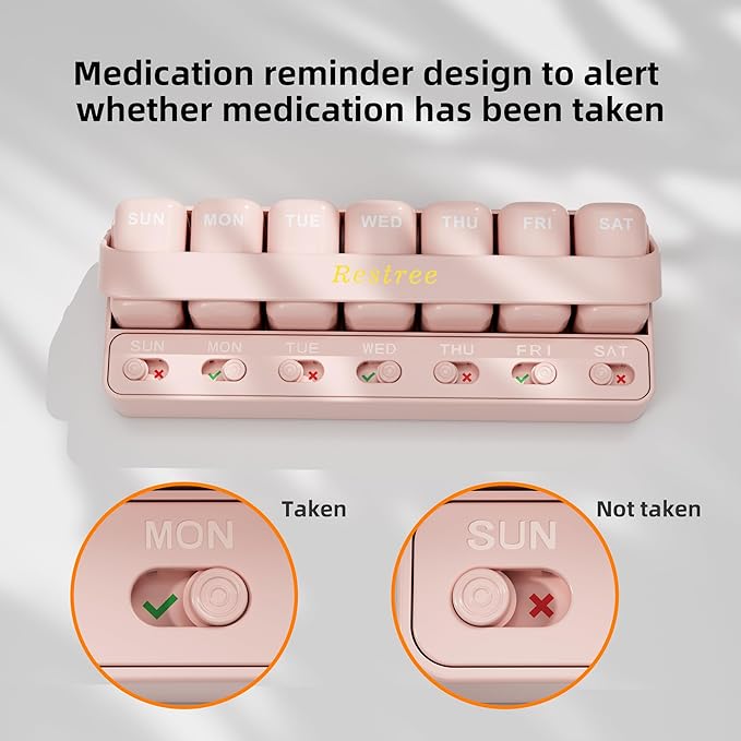 Restree Weekly Pill Organizer 7 Day, Large Capacity Pill Box with Reminder Indicator, Easy Slide Open Detachable Travel Pill Case for Vitamins Supplements & Daily Medications (Pink)