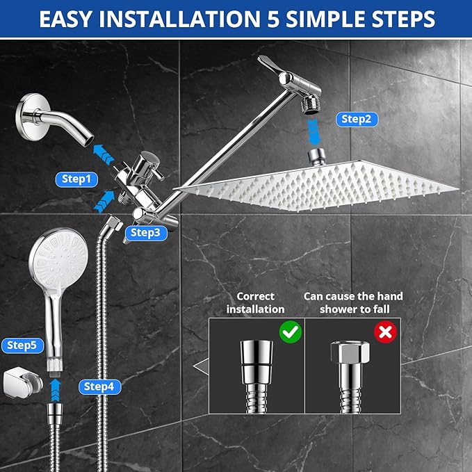 Shower Head, 10 Inch High Pressure Rainfall Shower Head/Handheld Shower Combo with 11 Inch Extension Arm, 9 Settings Adjustable Anti-leak Shower Head with Holder/Hose, Height/Angle Adjustable